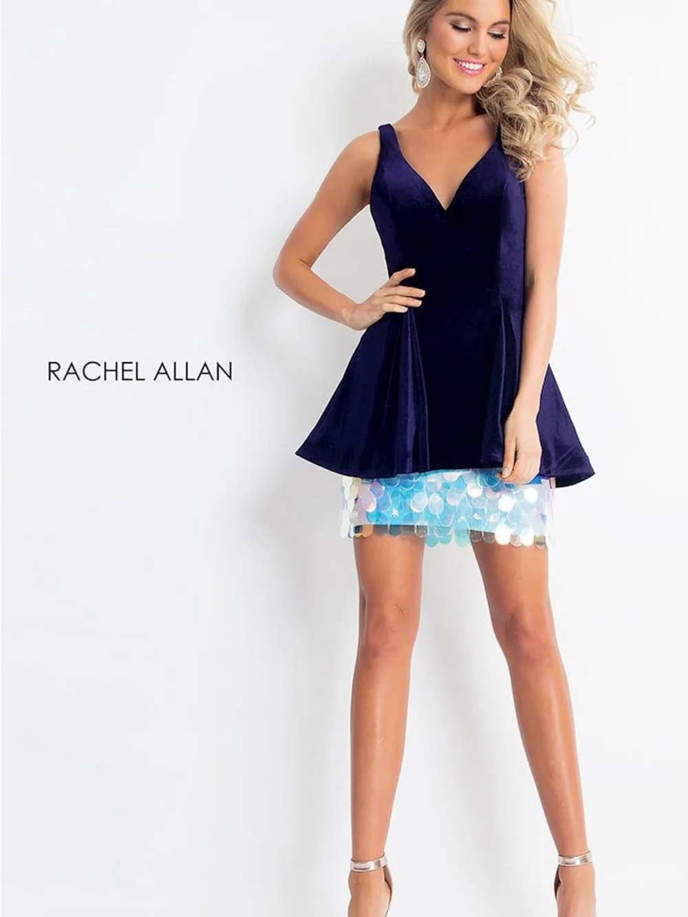 Rachel Allan Navy V-Neck Mini Dress with Iridescent Sequin Skirt